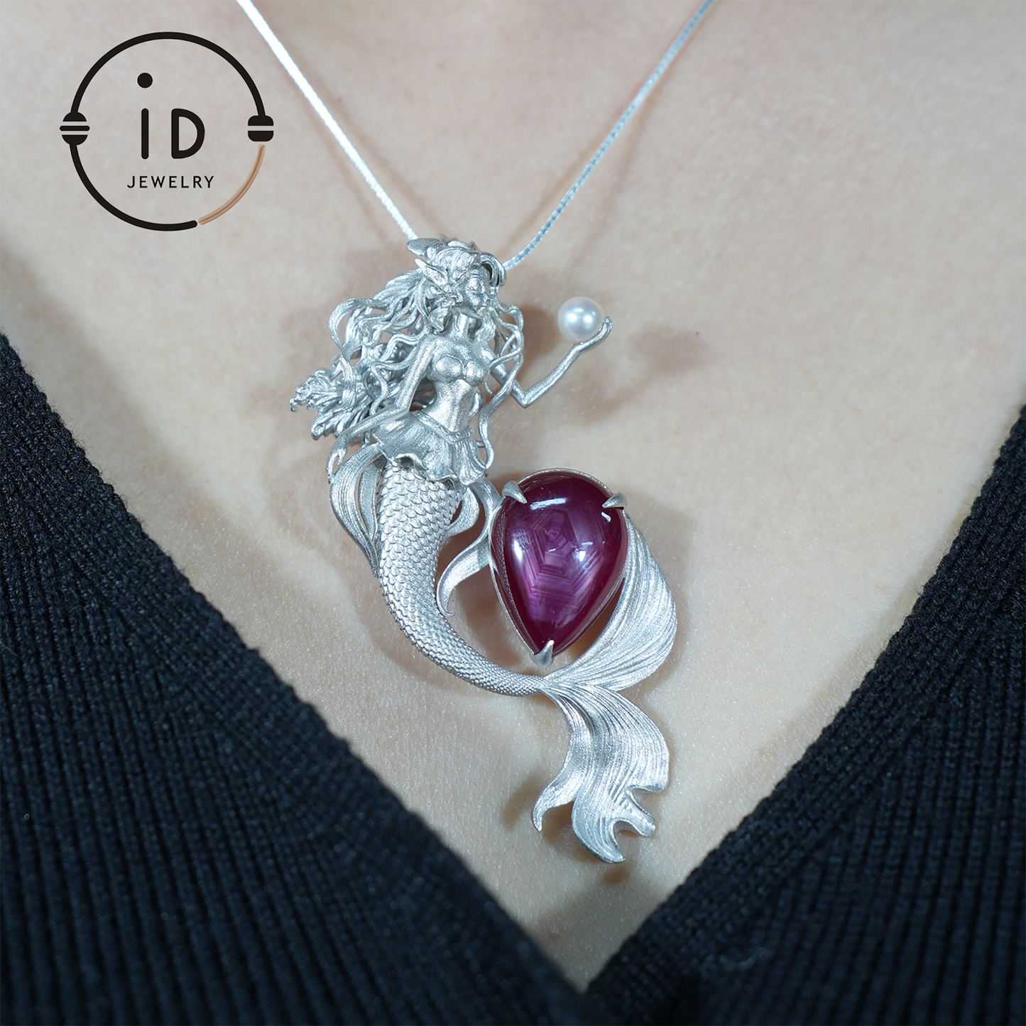 Meerjungfrau Anhänger | 925 Sterling Silber & Sternrubin | Handgefertigter Fantasy Schmuck