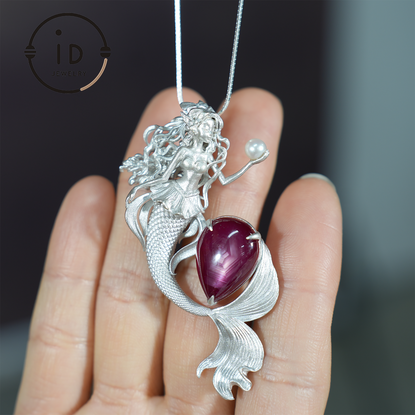 Meerjungfrau Anhänger | 925 Sterling Silber & Sternrubin | Handgefertigter Fantasy Schmuck
