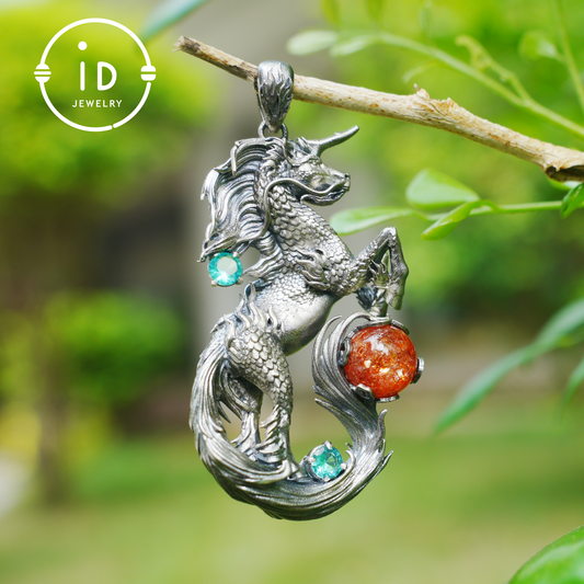 Hand-carved Fantasy Unicorn Necklace|Wave-motif Unicorn Necklace|Unicorn Motif Pendant|Vintage-craft Handmade Gift