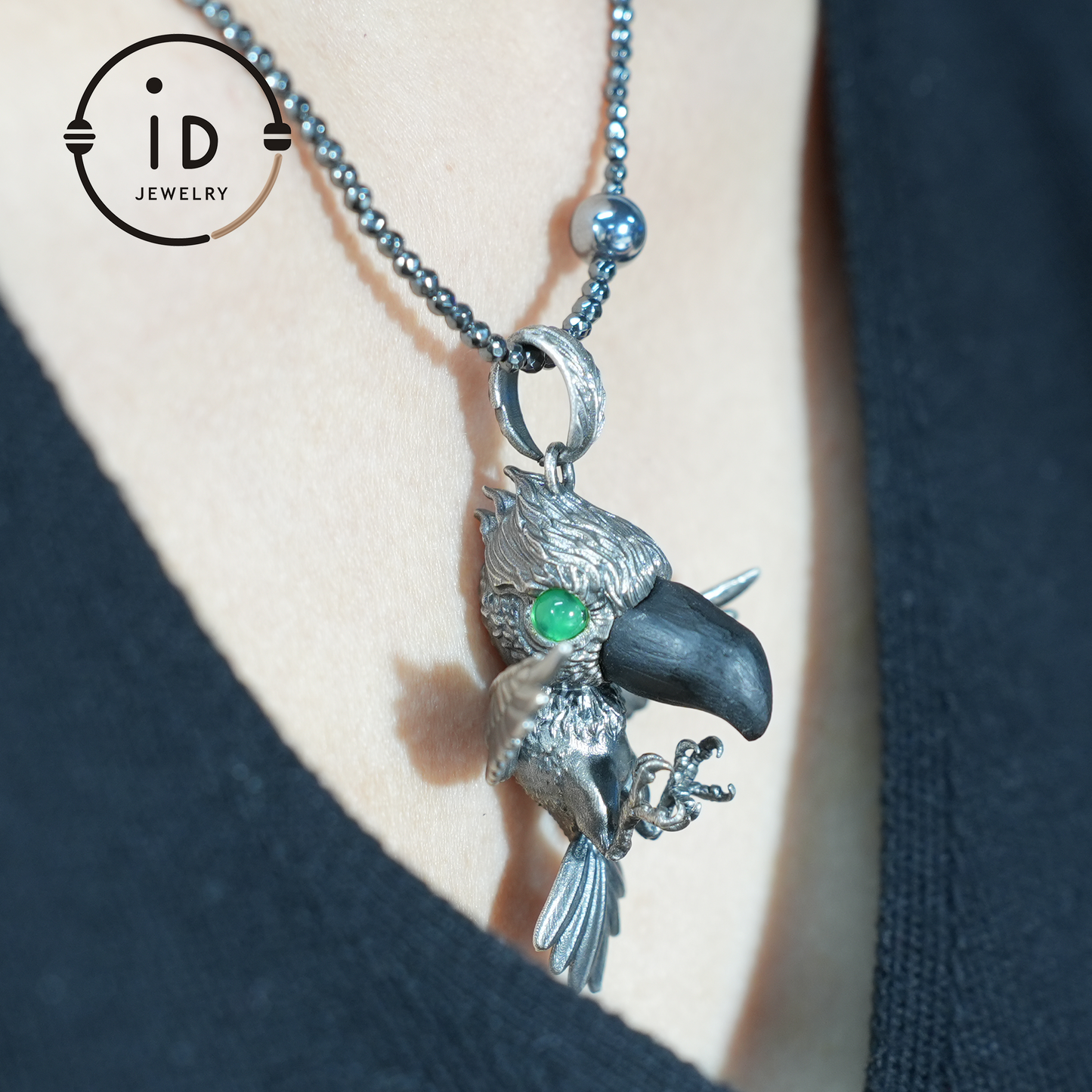 Schuhschnabel-Vogel-Anhänger | 925 Silber, Schwarzer Achat & Turmalin | Handgefertigter Naturschmuck