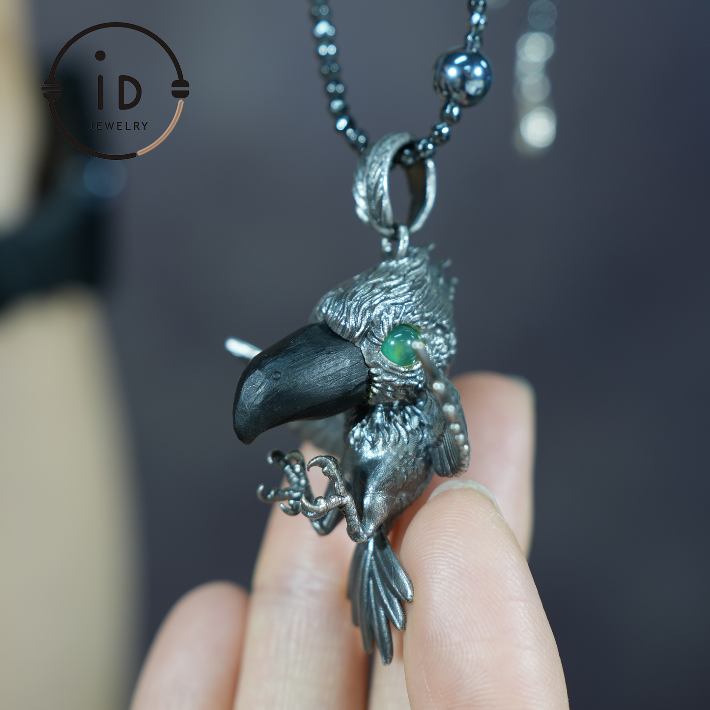 Schuhschnabel-Vogel-Anhänger | 925 Silber, Schwarzer Achat & Turmalin | Handgefertigter Naturschmuck