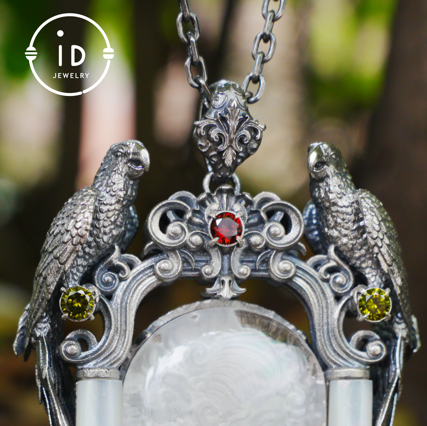 Handgefertigte viktorianische Kamee-Halskette aus 925er Silber | Barock-Anhänger mit zwei Papageien | Mädchenrelief aus Bergkristall | Vintage-Handwerk