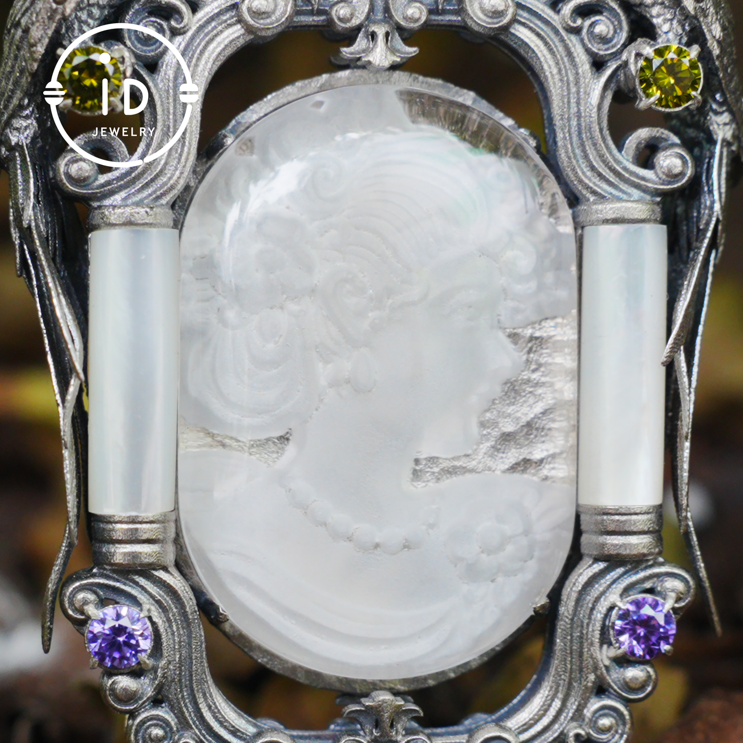 Handgefertigte viktorianische Kamee-Halskette aus 925er Silber | Barock-Anhänger mit zwei Papageien | Mädchenrelief aus Bergkristall | Vintage-Handwerk