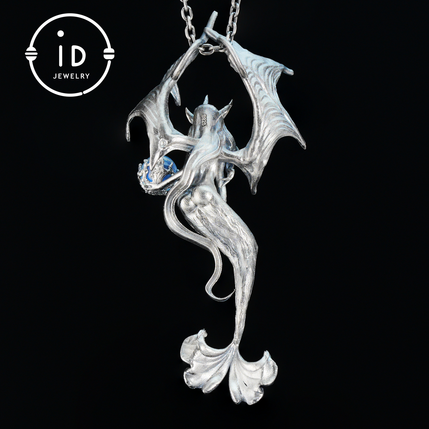 Silver Pendant with Ocean Blue Stone, Gothic Capricorn Necklace, Fantasy Jewelry for Women, Unique Gift Birthday Astrology