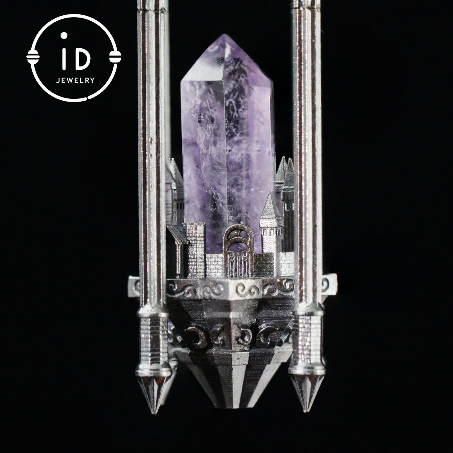 Architectural Amethyst Pendant|Natural Crystal Wrapped in Silver Columns|Focus Symbol for the Soul|Mystical Gothic Gift for Her