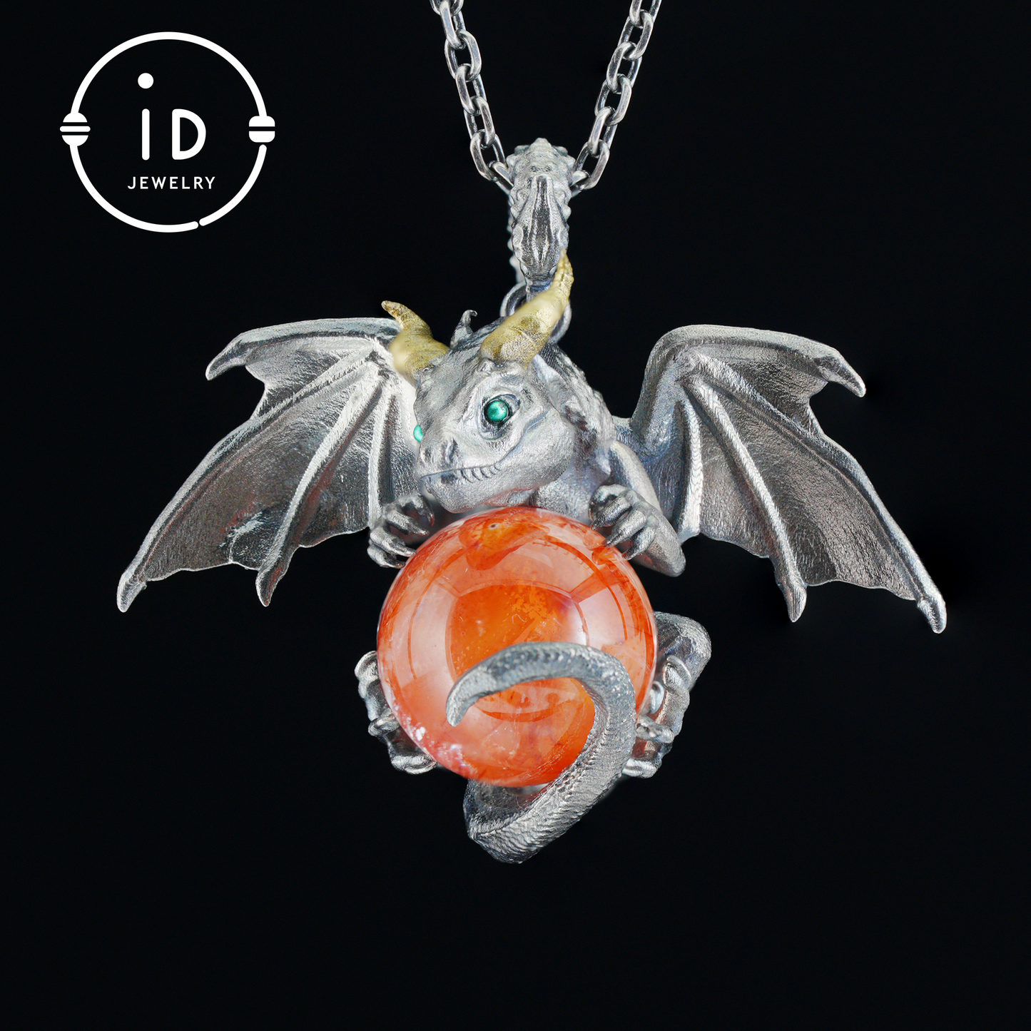 Handcrafted Dragon Pendant with Orange Crystal in 925 Silver, Gothic Fantasy Style, Talisman Gift for Men & Women