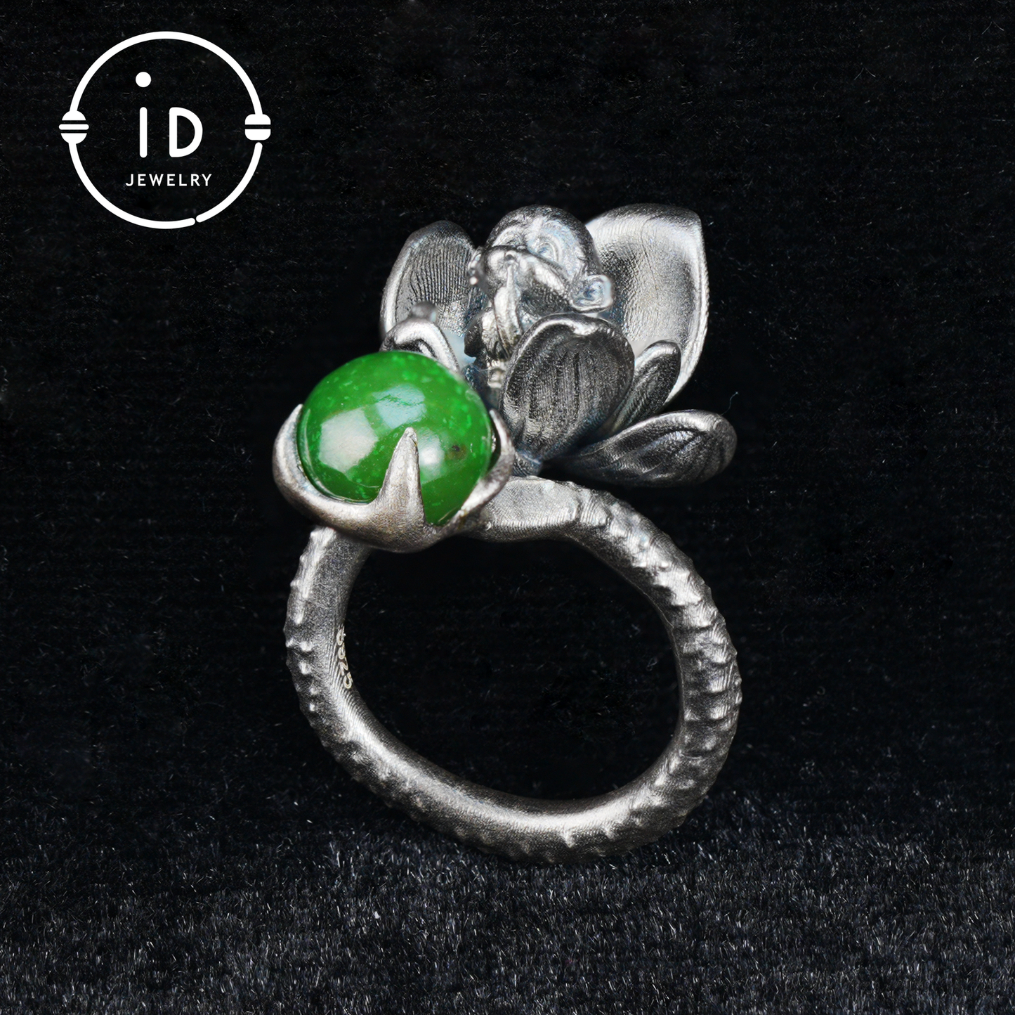 Adjustable silver ring with green jade cabochon, 925 sterling silver, gothic totem style, statement jewelry, gift for her