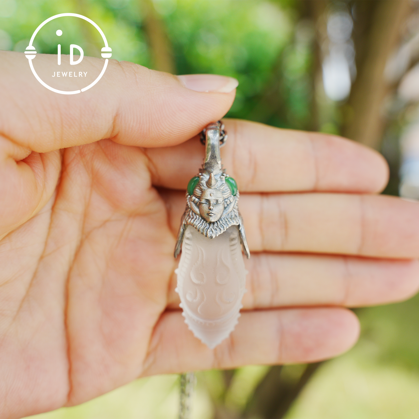Carved Rock Crystal Pendant in 925 Silver with Green Chalcedony in Gothic Totem Style, Gift for Her or Spiritual Jewelry Lovers