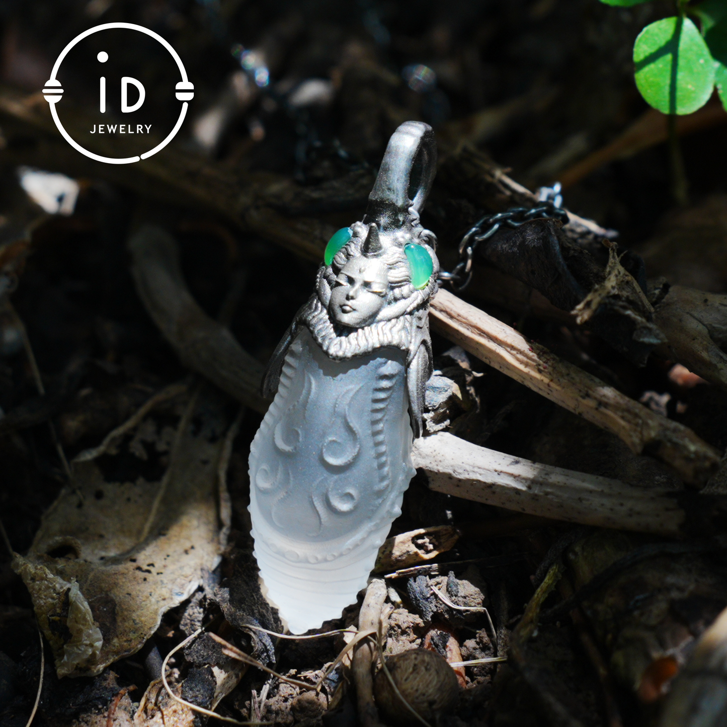 Carved Rock Crystal Pendant in 925 Silver with Green Chalcedony in Gothic Totem Style, Gift for Her or Spiritual Jewelry Lovers