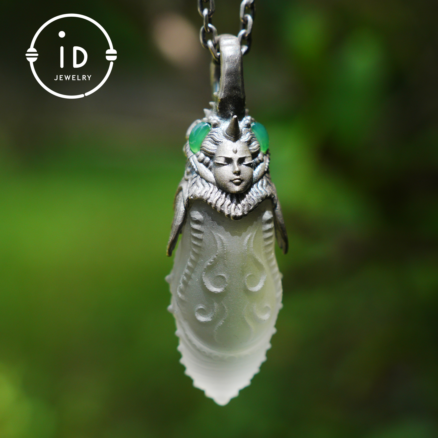 Carved Rock Crystal Pendant in 925 Silver with Green Chalcedony in Gothic Totem Style, Gift for Her or Spiritual Jewelry Lovers