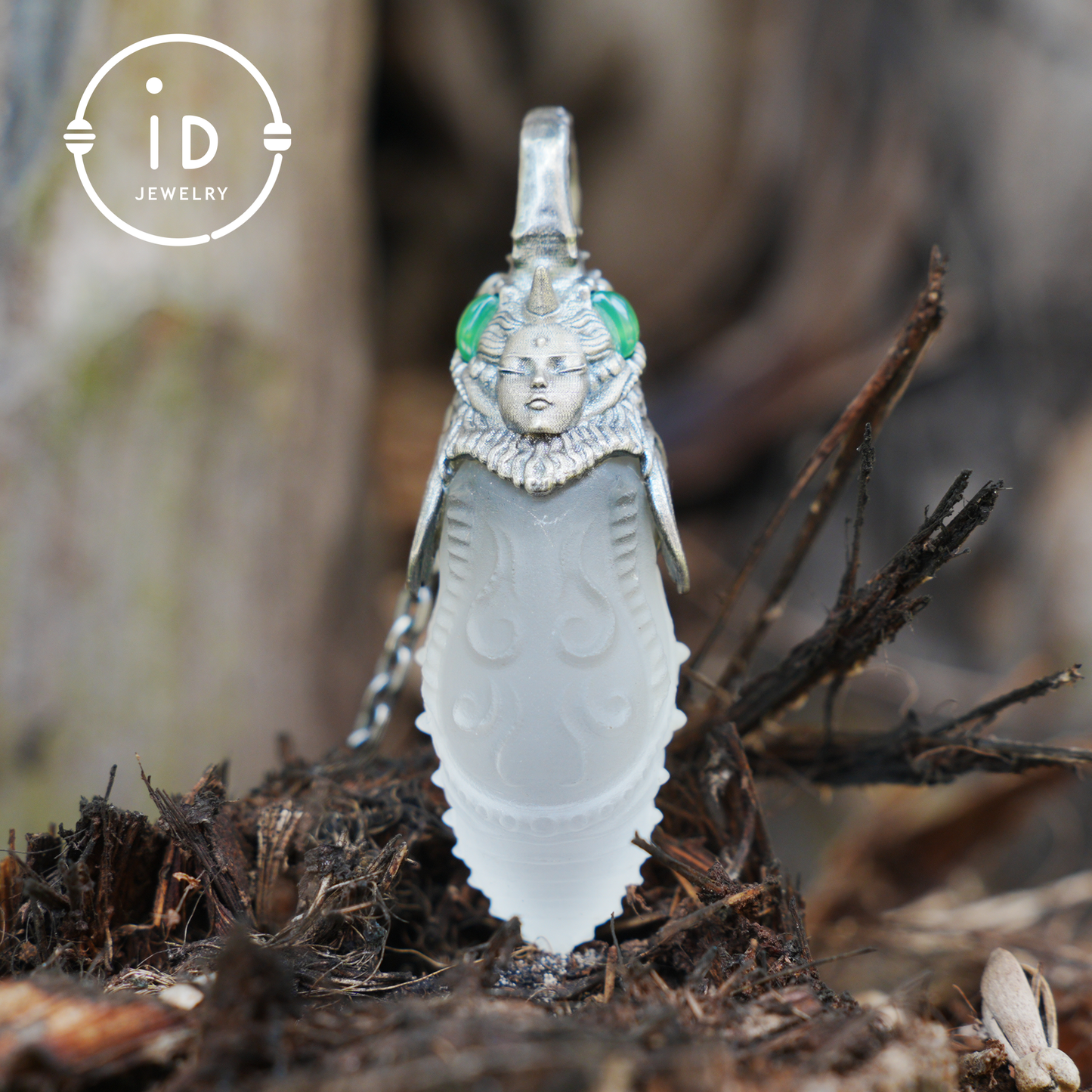Carved Rock Crystal Pendant in 925 Silver with Green Chalcedony in Gothic Totem Style, Gift for Her or Spiritual Jewelry Lovers