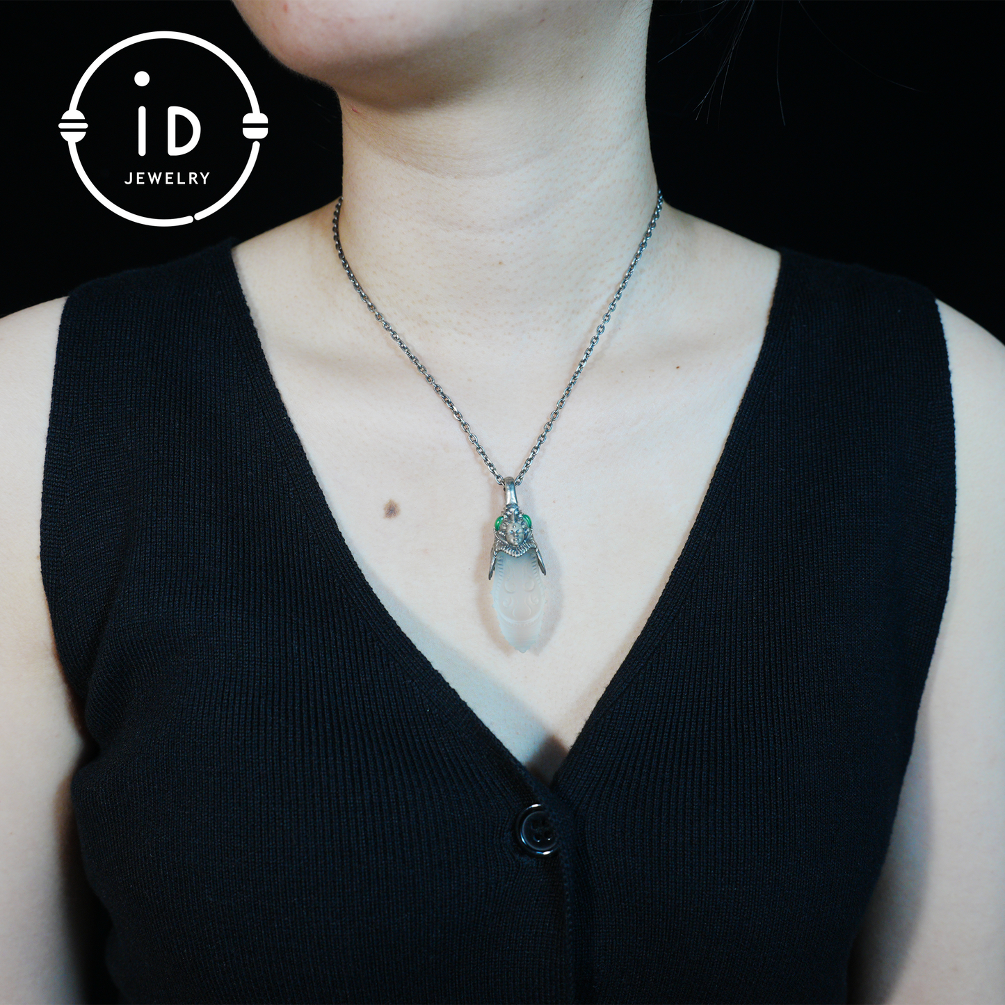 Carved Rock Crystal Pendant in 925 Silver with Green Chalcedony in Gothic Totem Style, Gift for Her or Spiritual Jewelry Lovers
