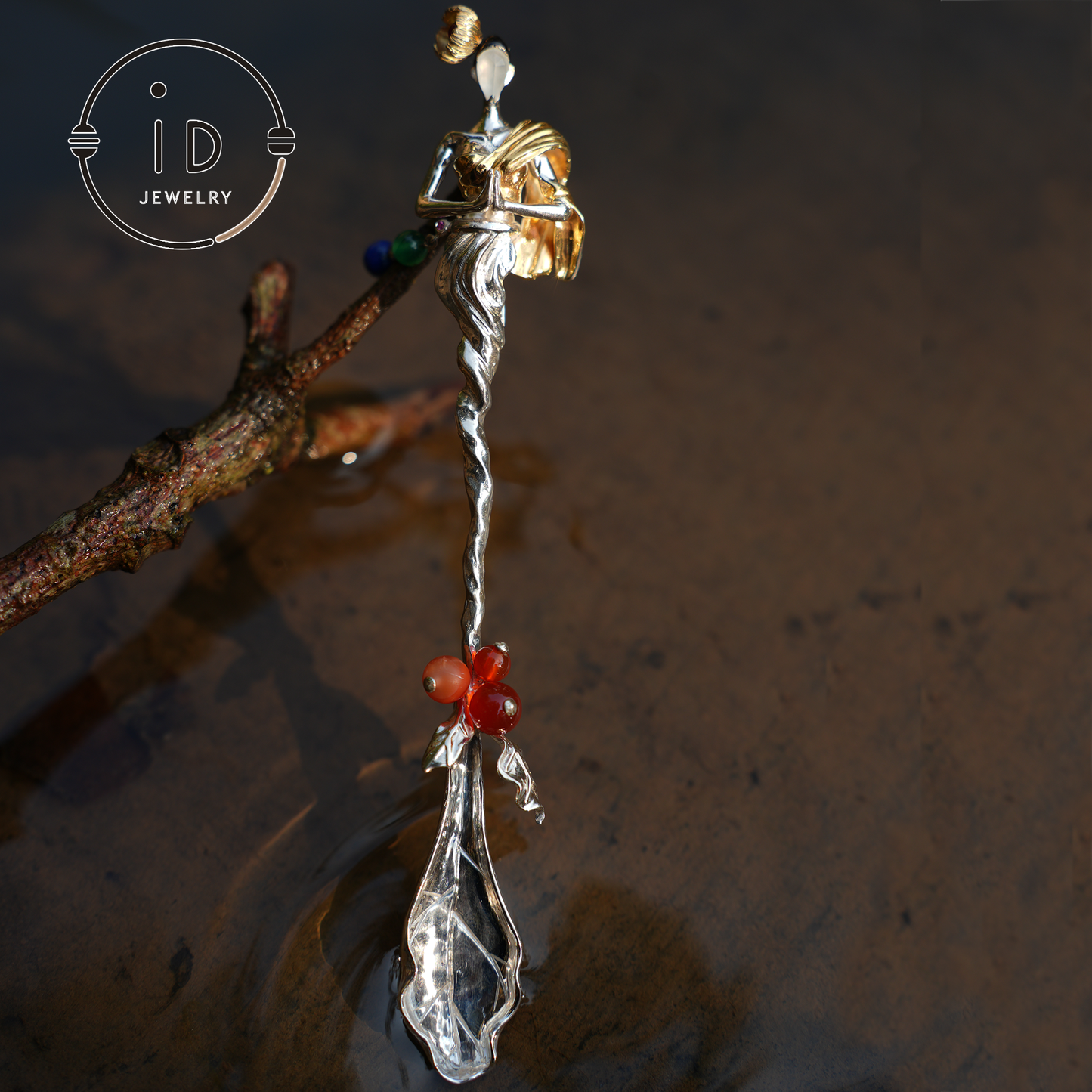 925 Silver Artistic Brooch with Tourmaline | Unique Abstract Design for Art Lovers & Special Occasions