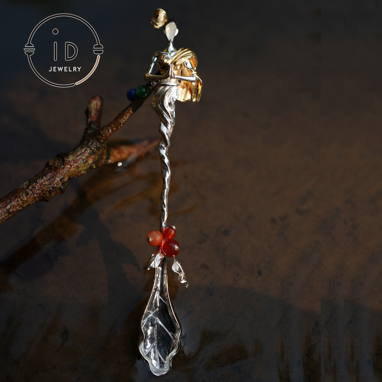 925 Silver Artistic Brooch with Tourmaline | Unique Abstract Design for Art Lovers & Special Occasions