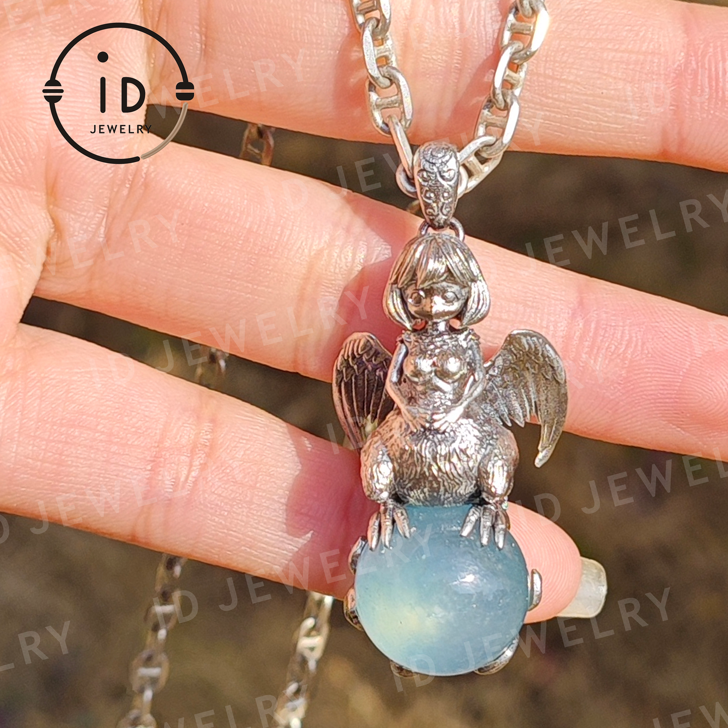 Mystischer Harpyien-Anhänger – Handgefertigtes 925er Silber mit Katzenauge-Aquamarin – Einzigartiger Fantasy-Schmuck