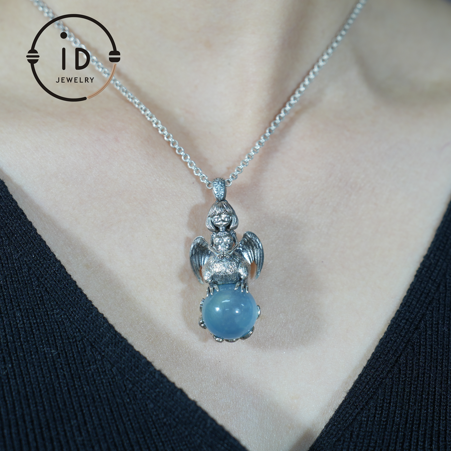 Mystischer Harpyien-Anhänger – Handgefertigtes 925er Silber mit Katzenauge-Aquamarin – Einzigartiger Fantasy-Schmuck