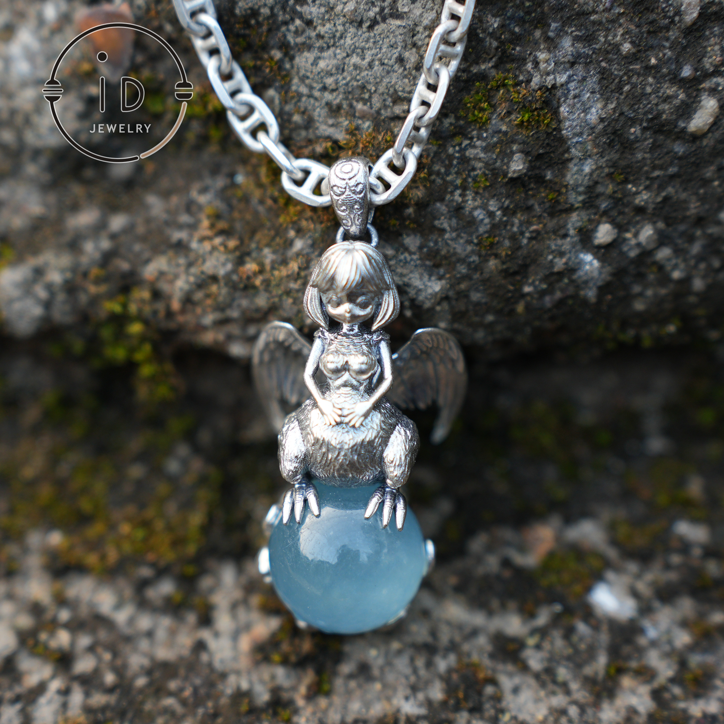 Mystischer Harpyien-Anhänger – Handgefertigtes 925er Silber mit Katzenauge-Aquamarin – Einzigartiger Fantasy-Schmuck