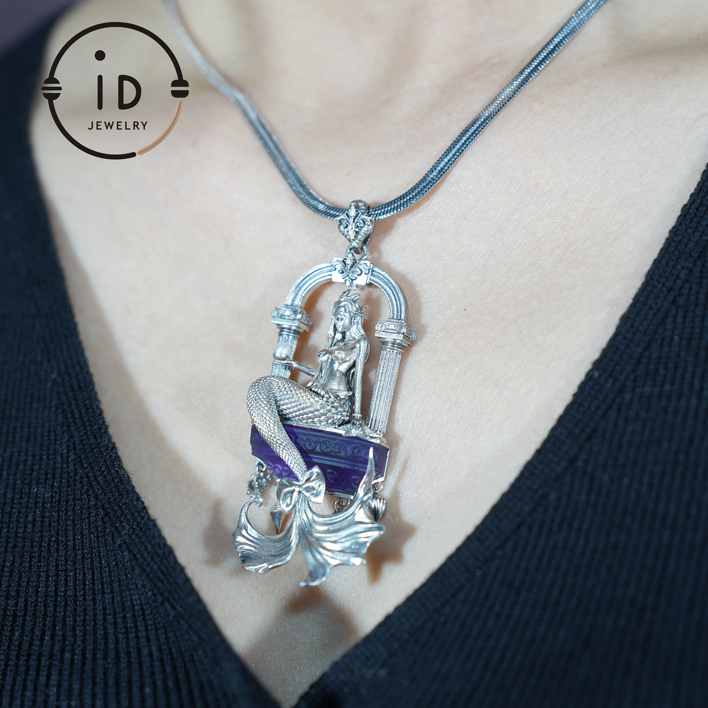 Amethyst Mermaid Pendant, Hand Carved Ocean Goddess Necklace, Mythical Sea Jewelry Gift, Fantasy Underwater Charm for Her, Unique Art