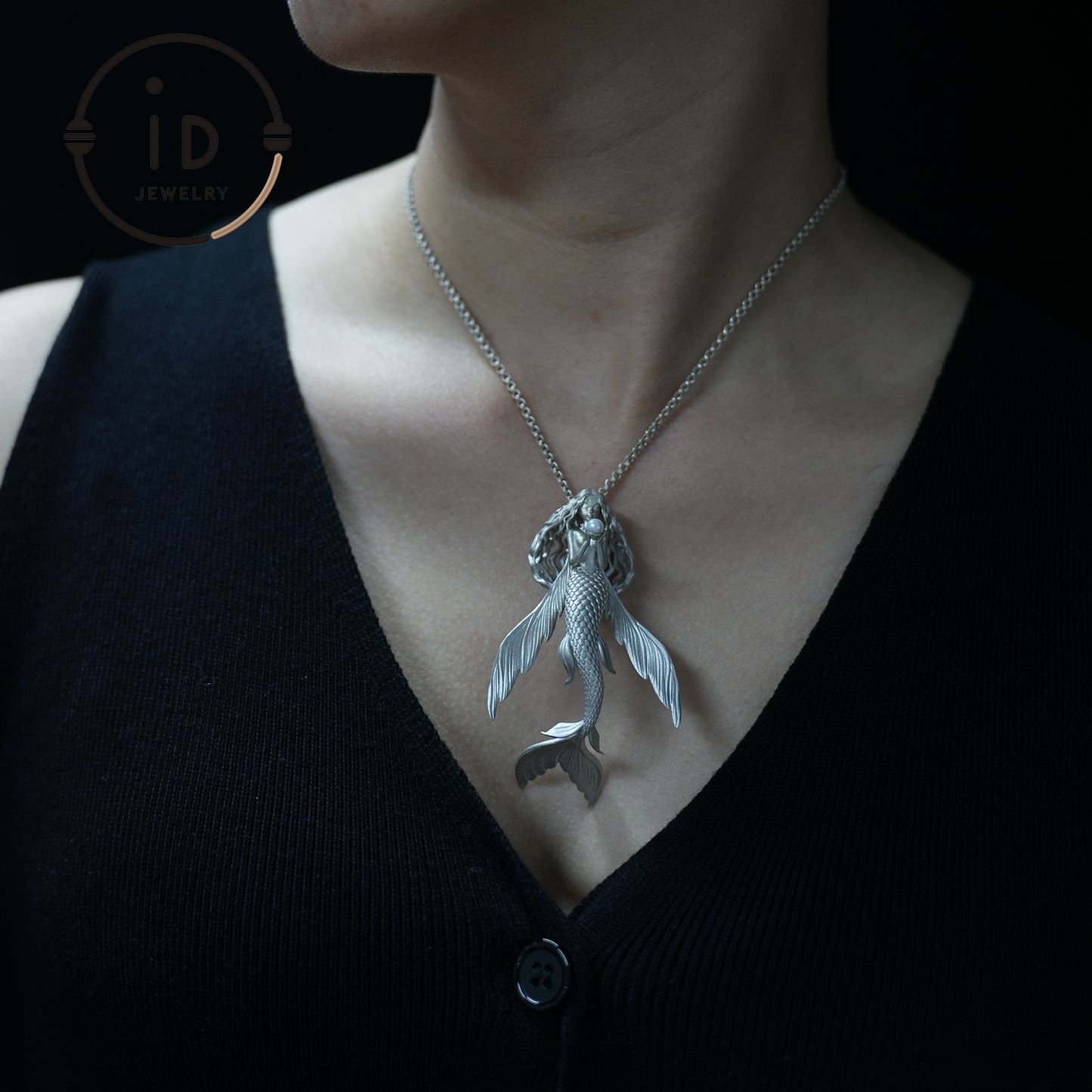 Flying Fish Girl Pearl Pendant | Fantasy Ocean Amulet Gift | Symbol of Freedom & Grace | Handmade Silver Jewelry