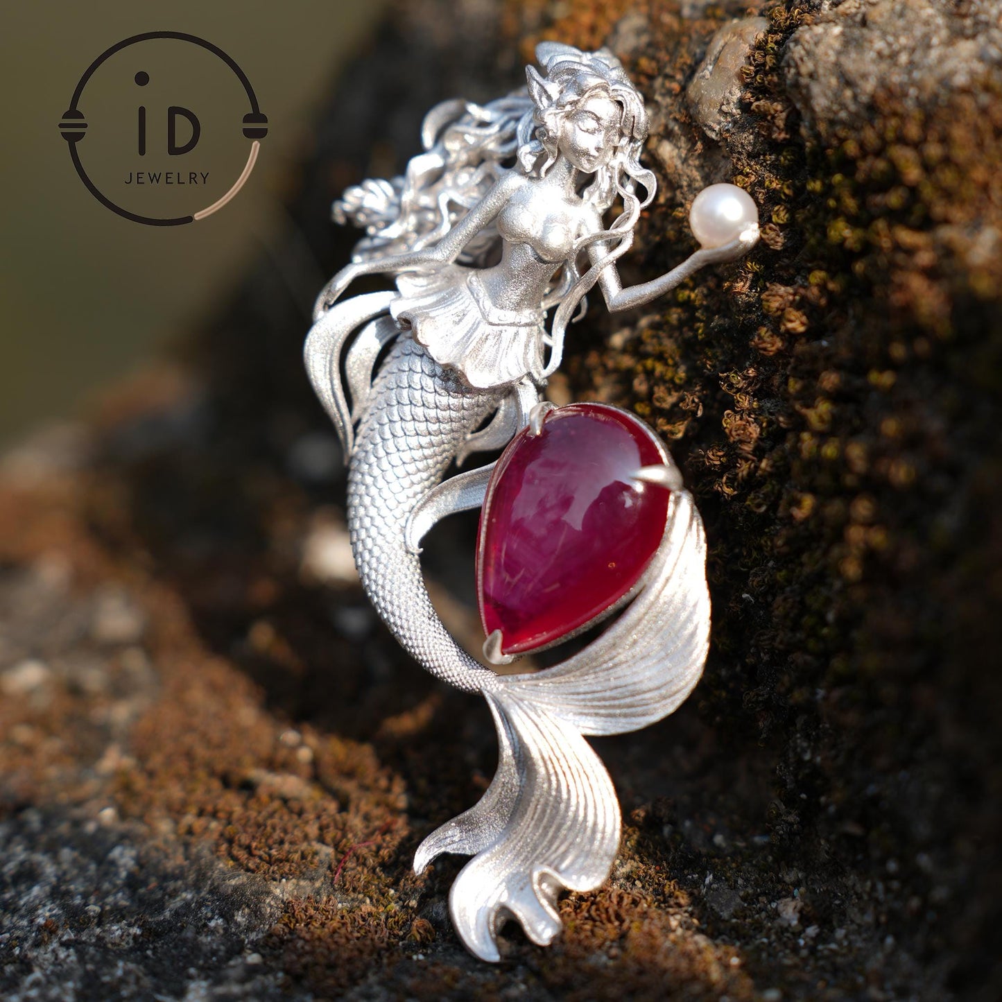 Meerjungfrau Anhänger | 925 Sterling Silber & Sternrubin | Handgefertigter Fantasy Schmuck