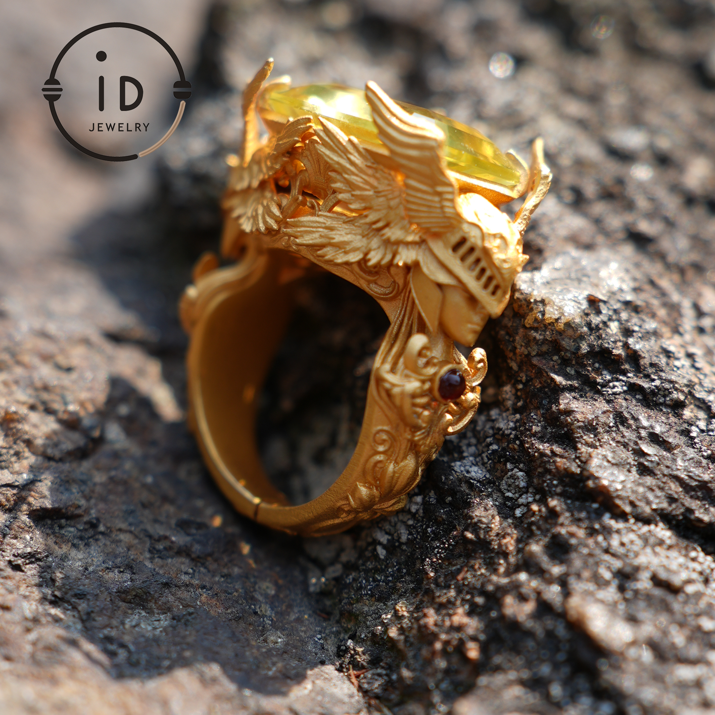 Winged Knight Ring - 18k Gold with Yellow Citrine and Ruby - Fantasy Inspired Jewelry