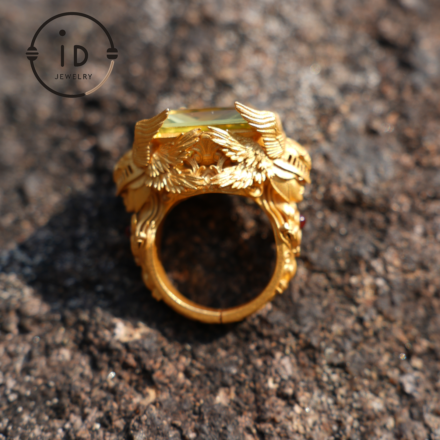 Winged Knight Ring - 18k Gold with Yellow Citrine and Ruby - Fantasy Inspired Jewelry