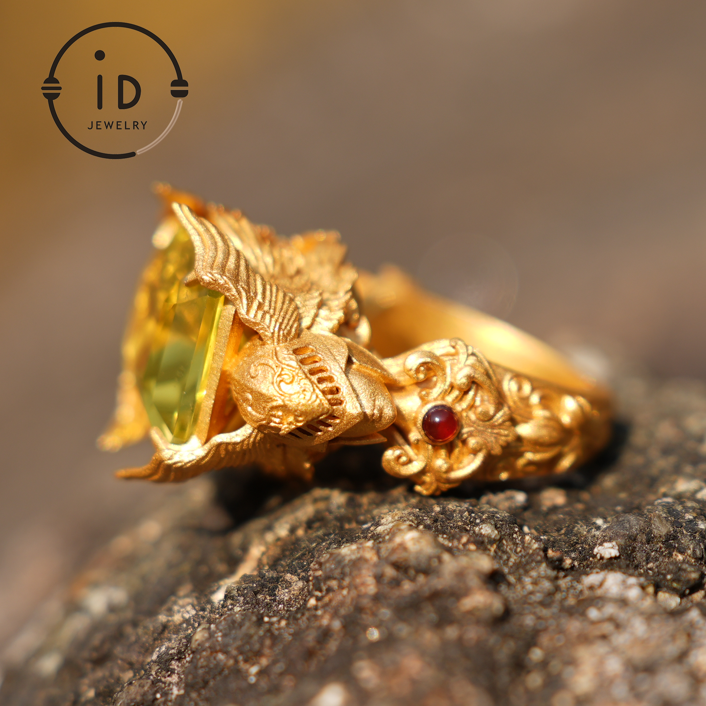 Winged Knight Ring - 18k Gold with Yellow Citrine and Ruby - Fantasy Inspired Jewelry