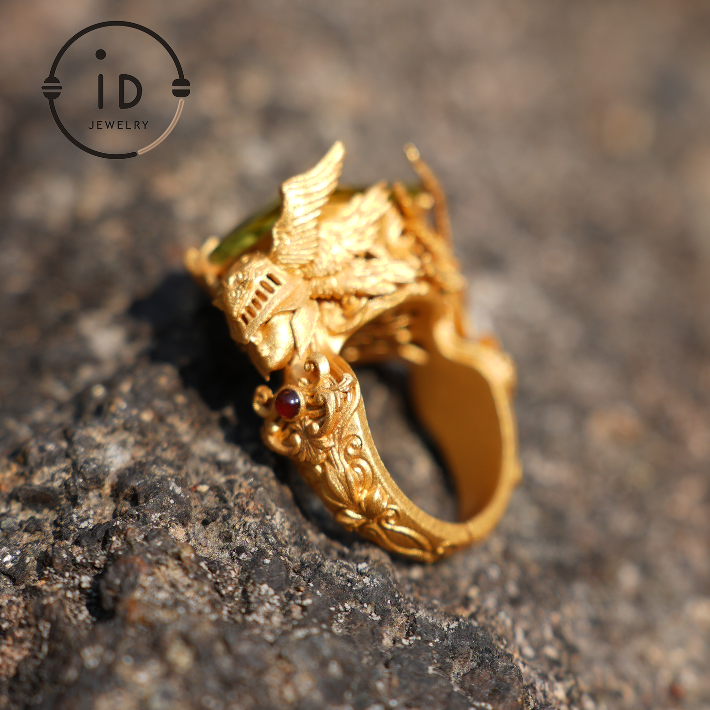 Winged Knight Ring - 18k Gold with Yellow Citrine and Ruby - Fantasy Inspired Jewelry