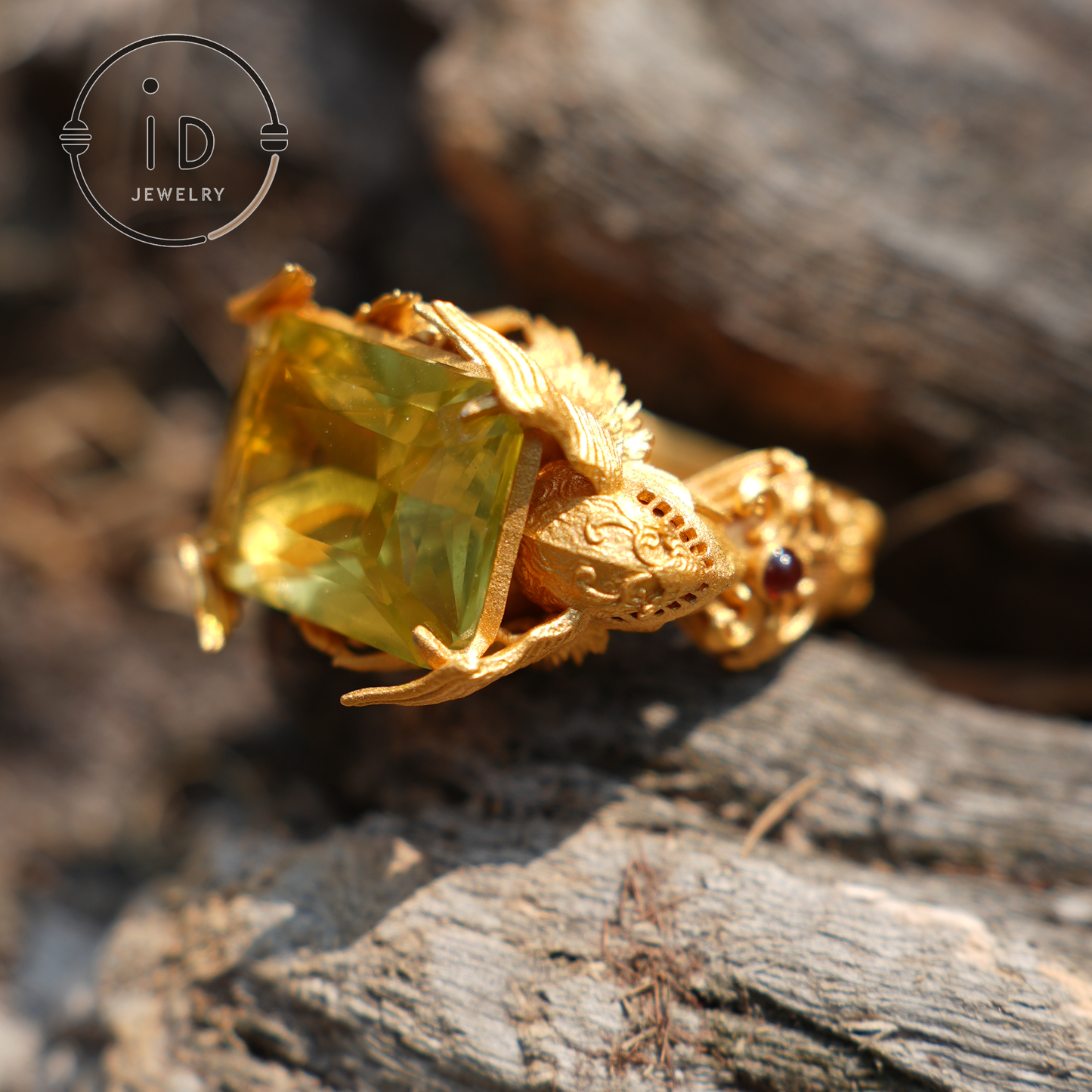 Winged Knight Ring - 18k Gold with Yellow Citrine and Ruby - Fantasy Inspired Jewelry