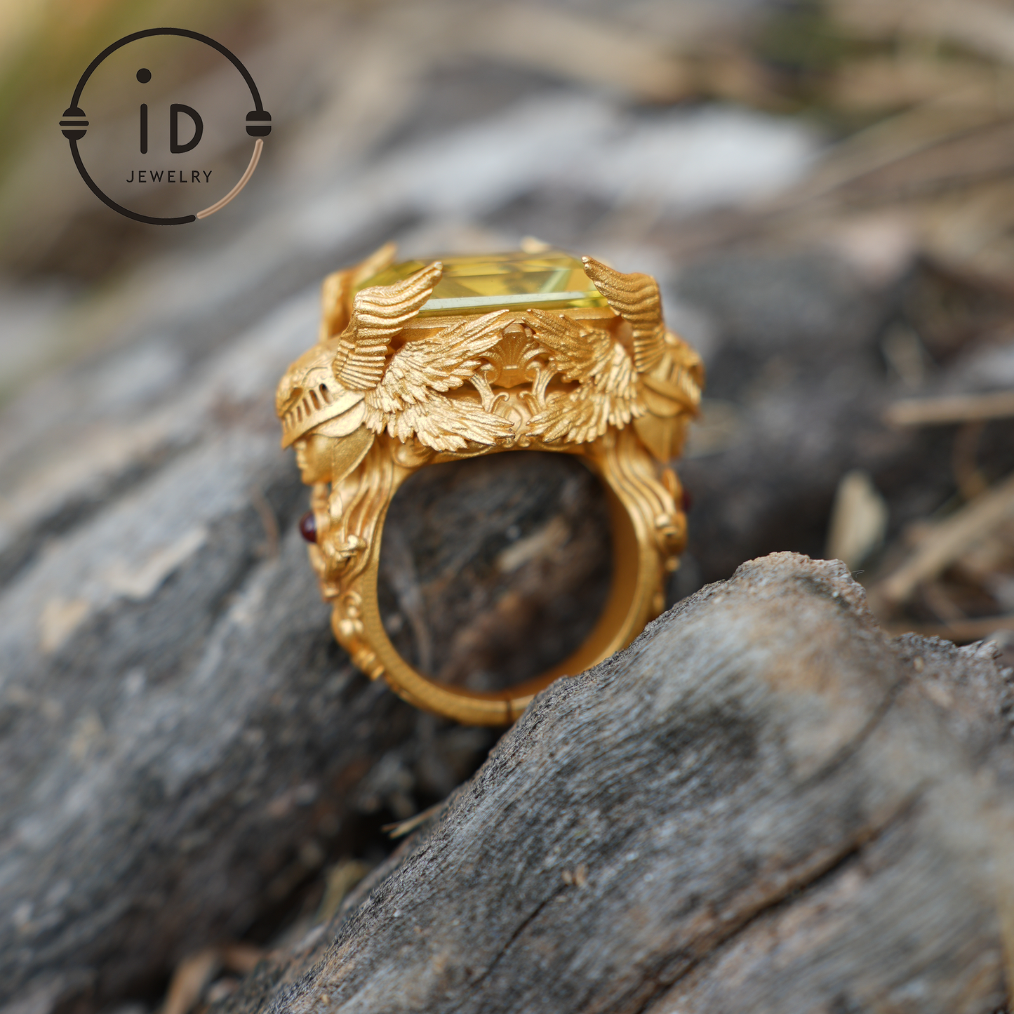 Winged Knight Ring - 18k Gold with Yellow Citrine and Ruby - Fantasy Inspired Jewelry
