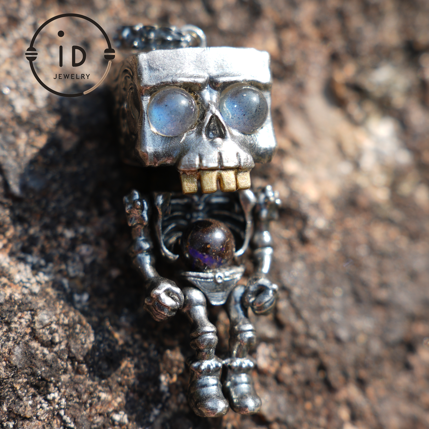 Mechanischer Totenkopf Anhänger | S925 Silber mit Labradorit | Einzigartiger Gothic Schmuck