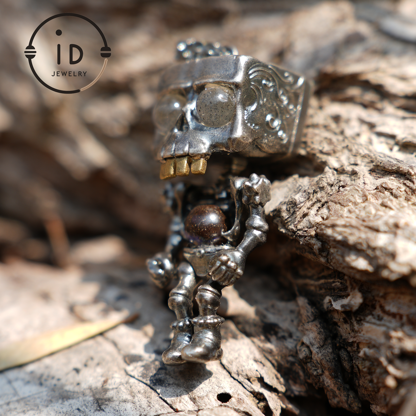 Mechanischer Totenkopf Anhänger | S925 Silber mit Labradorit | Einzigartiger Gothic Schmuck