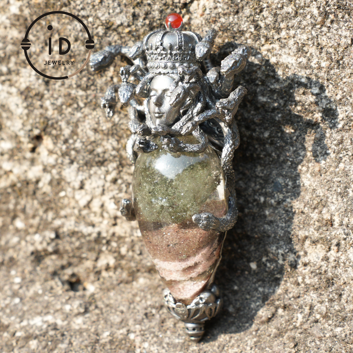 Medusa’s Gaze Pendant – 925 Sterling Silver, phantom quartz, Handcrafted Mythical Jewelry, Unique Statement Piece