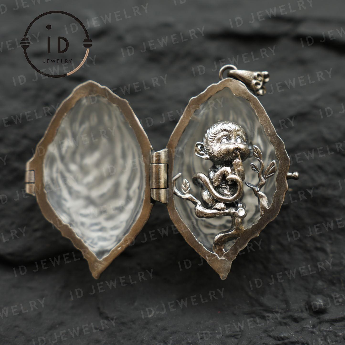 Mystic Monkey Pendant with White Crystal Shell, Handmade Fantasy Amulet, Oriental Style Locket Necklace for Gift & Collection