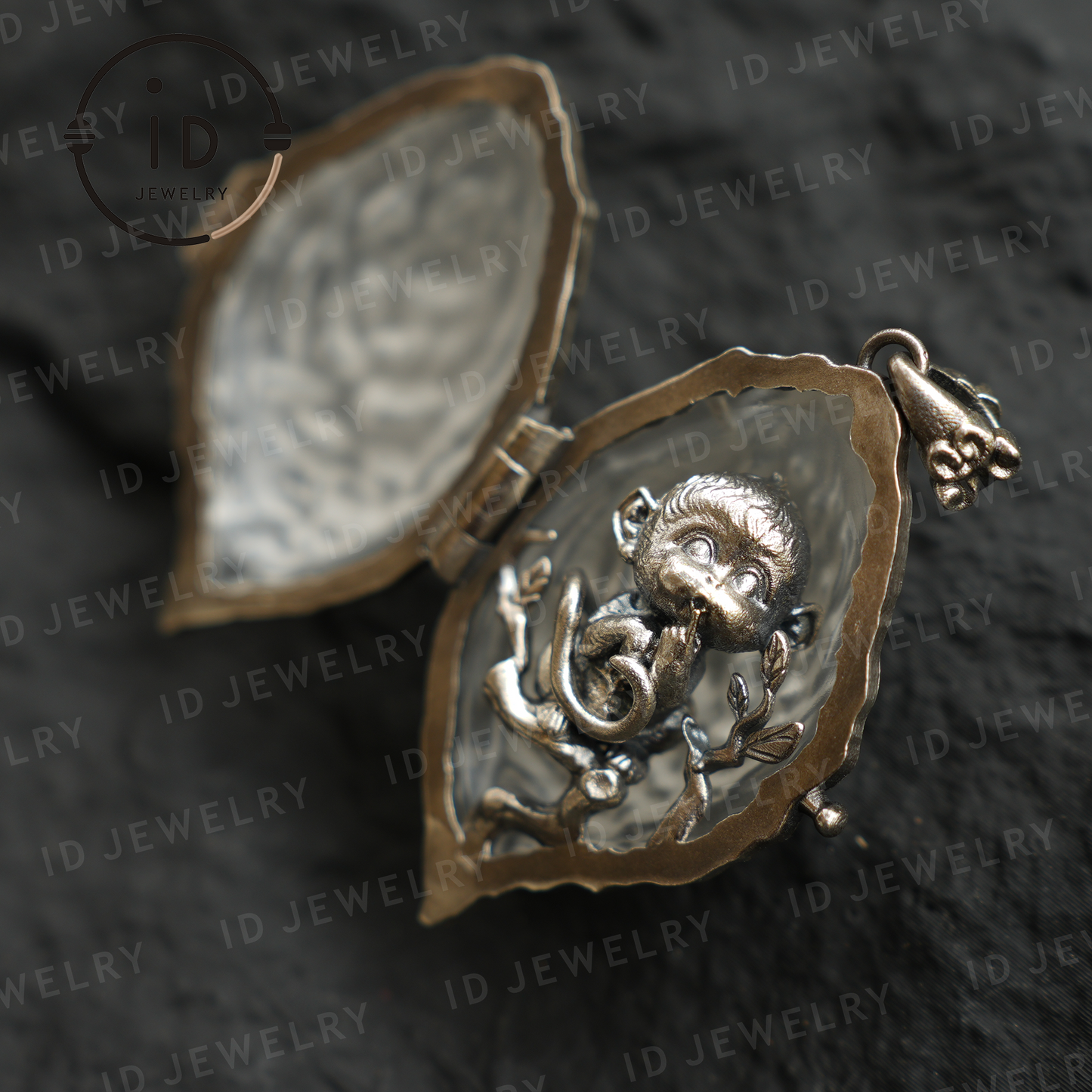 Mystic Monkey Pendant with White Crystal Shell, Handmade Fantasy Amulet, Oriental Style Locket Necklace for Gift & Collection