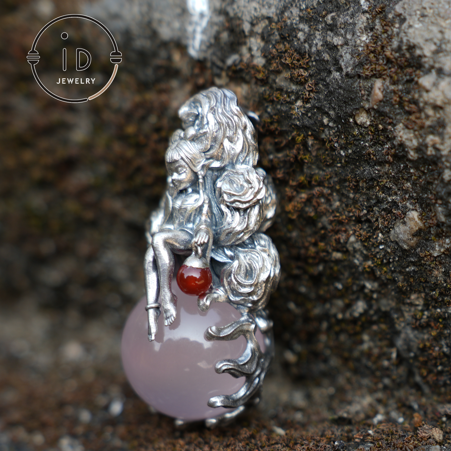Meerjungfrau-Anhänger aus 925er Sterlingsilber mit Rosenquarz – handgefertigter Fantasieschmuck für Damen