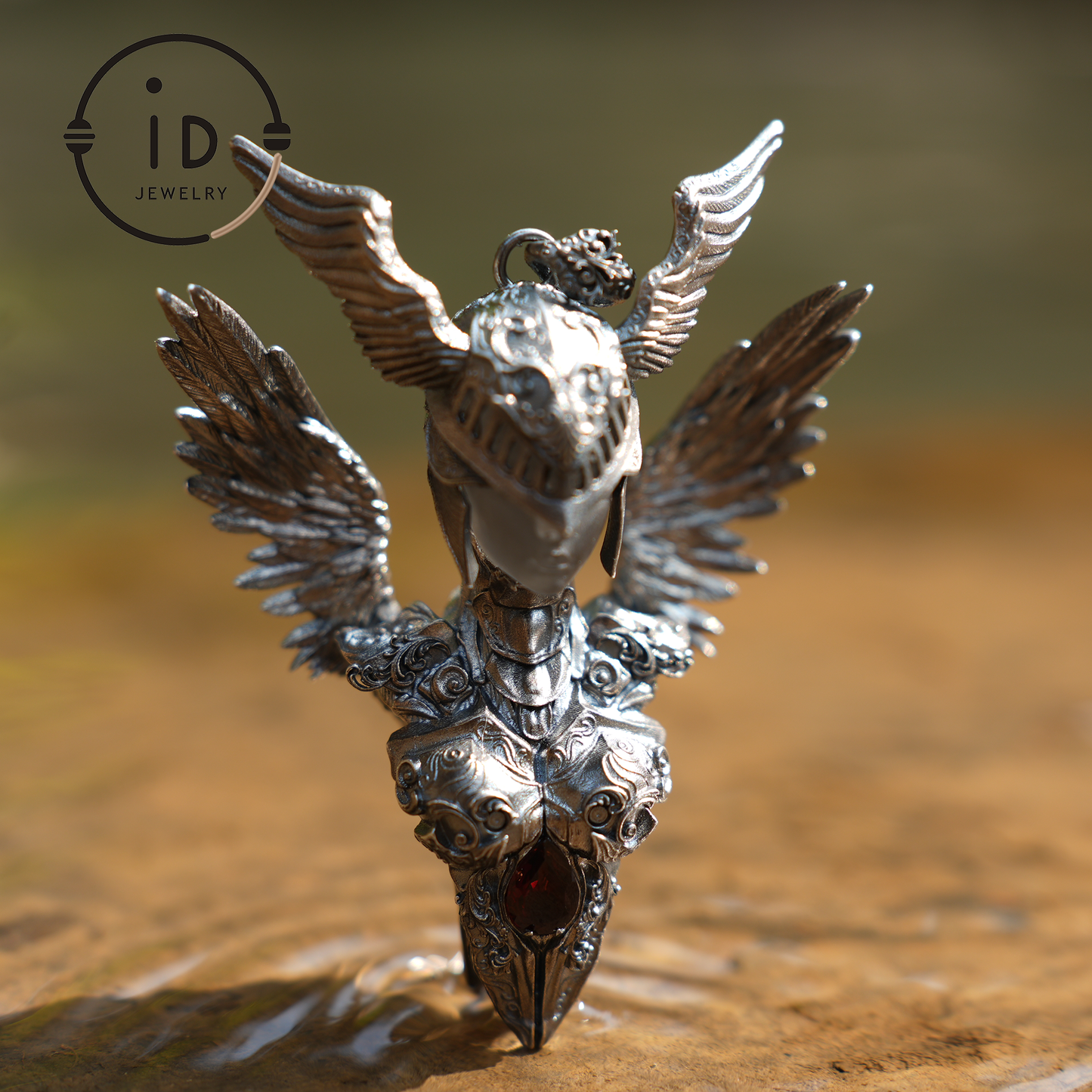 Walküren-Anhänger | 925 Sterling Silber & Granat | Amulett aus der nordischen Mythologie | Handgefertigte Wikinger-Halskette