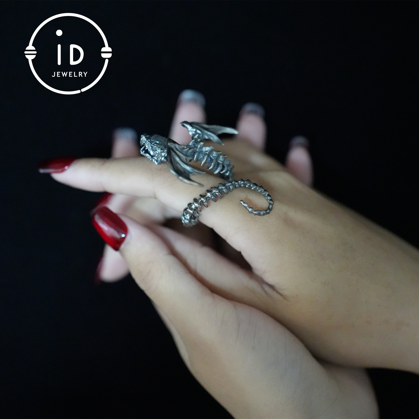 Drachenring mit Phantomquarz | Handgefertigter Gothic-Schmuck | Mystischer Knochenring | Fantasy-Drachenring | Magischer Silberring