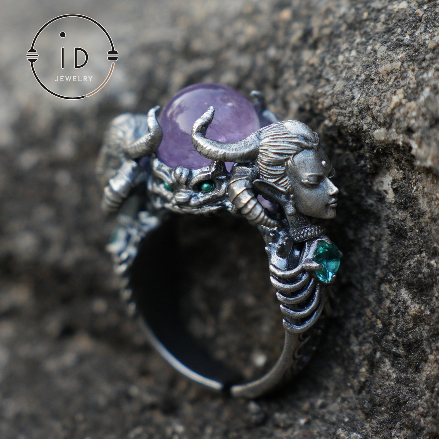 925 Sterling Silver Ring with Amethyst & Aquamarine – Handmade Fantasy Jewelry for Collectors & Enthusiasts
