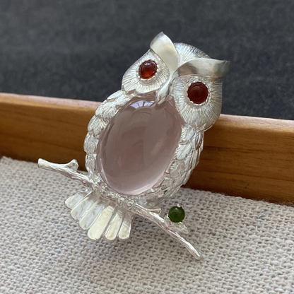 Owl Brooch Pendant in 925 Silver with Rose Quartz & Garnet Eyes | Handmade Wisdom Amulet Jewelry | Gift for Her