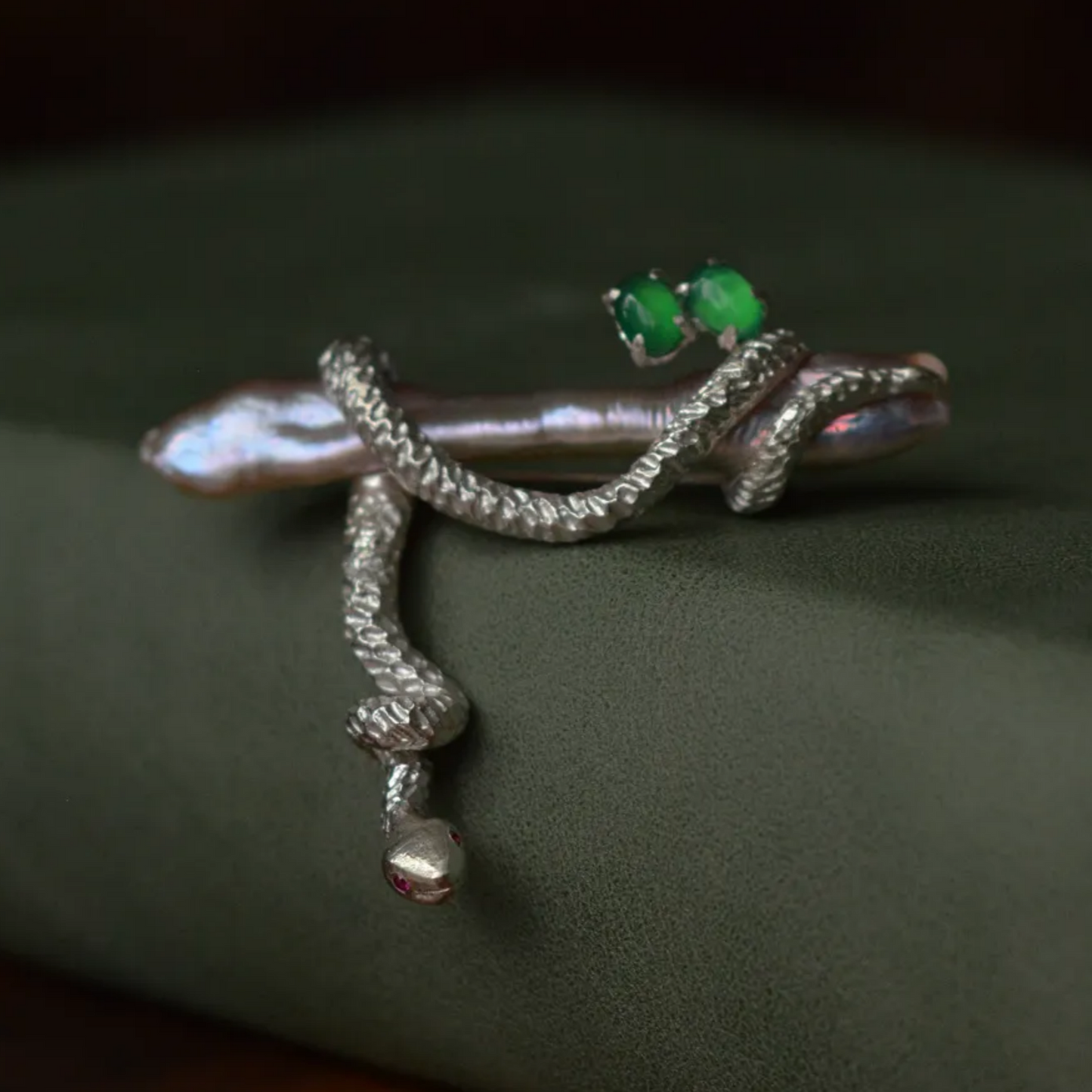 925 Silver Serpent Brooch Pendant | Ruby Eyes & Green Gem | Baroque Pearl Totem Jewelry | Healing Gift for Healers & Thinkers