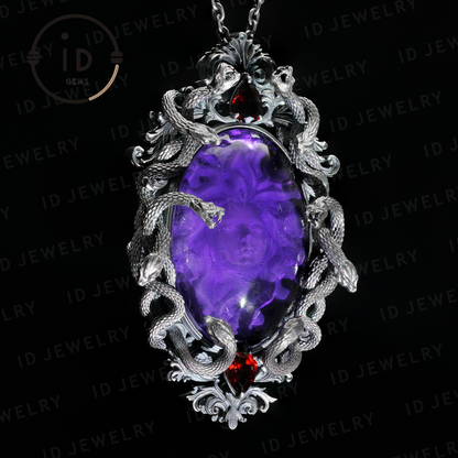 Hand-Carved Medusa Amethyst Pendant | Raised Serpent Frame in 925 Sterling Silver | Gothic Talisman for Powerful Self-Empowerment