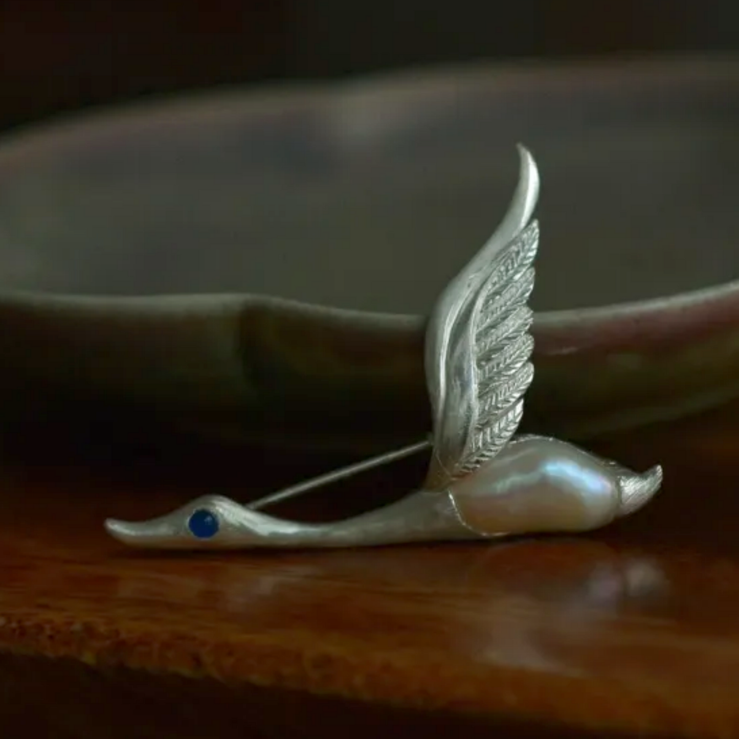 925 Silver Goose Brooch Pendant | Pearl & Sapphire Bird Jewelry | Handmade Animal Totem Gift for Her or Long-Distance Love