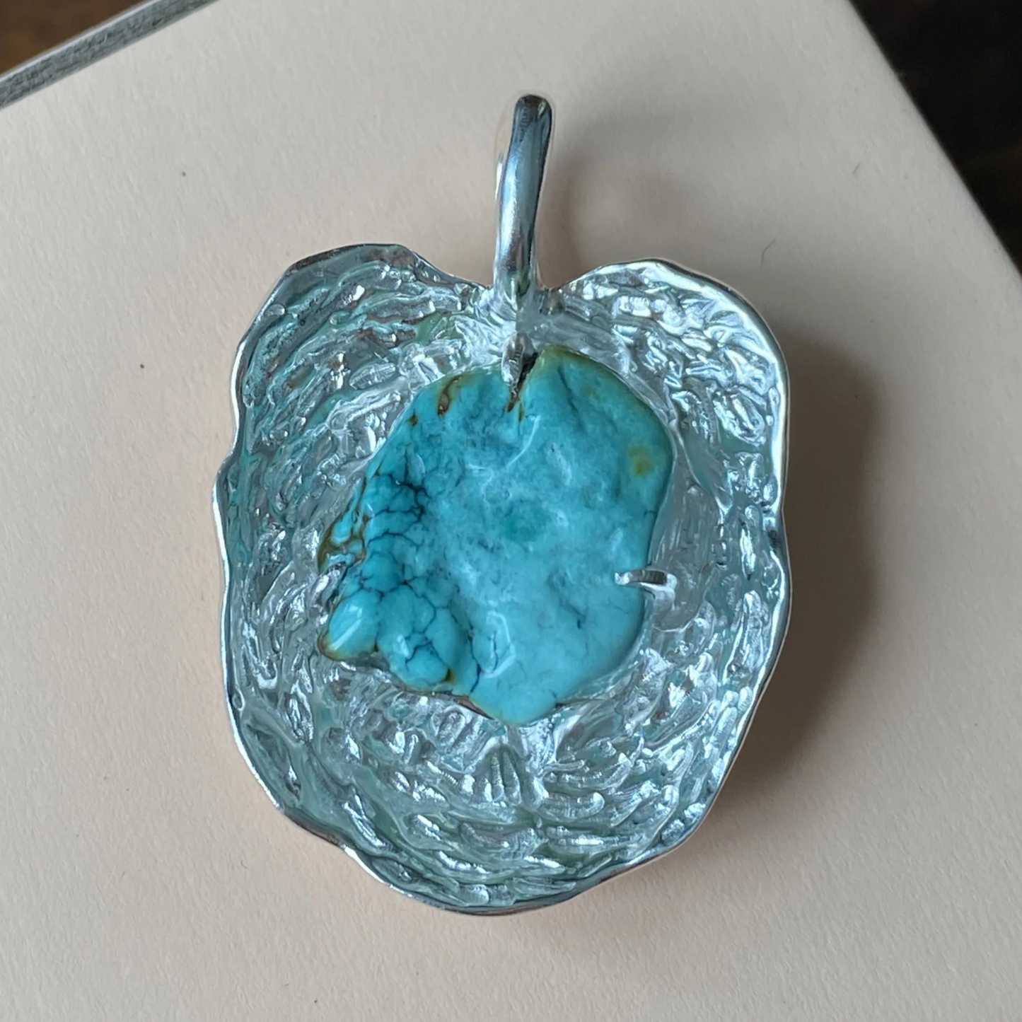 Raw Turquoise Pendant in 925 Silver | Handmade Ripple Design Necklace | Healing Talisman Gift for Her