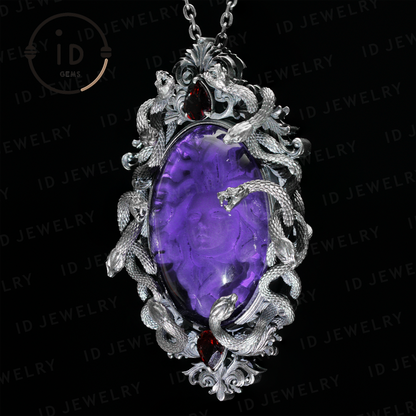 Hand-Carved Medusa Amethyst Pendant | Raised Serpent Frame in 925 Sterling Silver | Gothic Talisman for Powerful Self-Empowerment