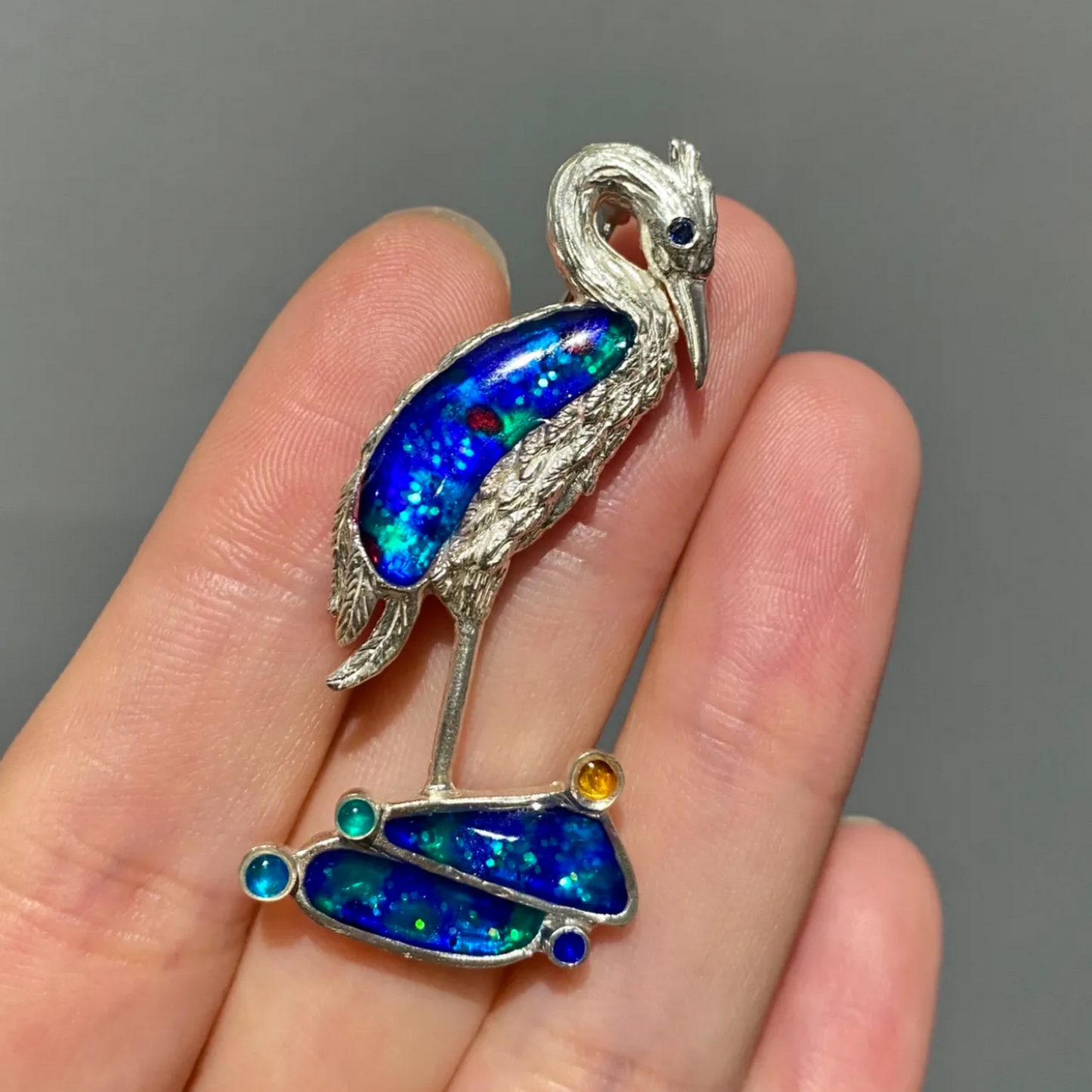 Heron Brooch Pendant | 925 Silver & Enamel | Handmade Spiritual Bird Jewelry Gift for Wisdom & Serenity