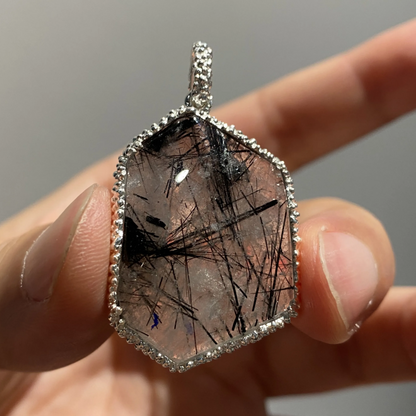 Natural Rutile Quartz Pendant | 925 Silver Tourmalinated Necklace | Raw Crystal Healing Jewelry Gift for Her or Him