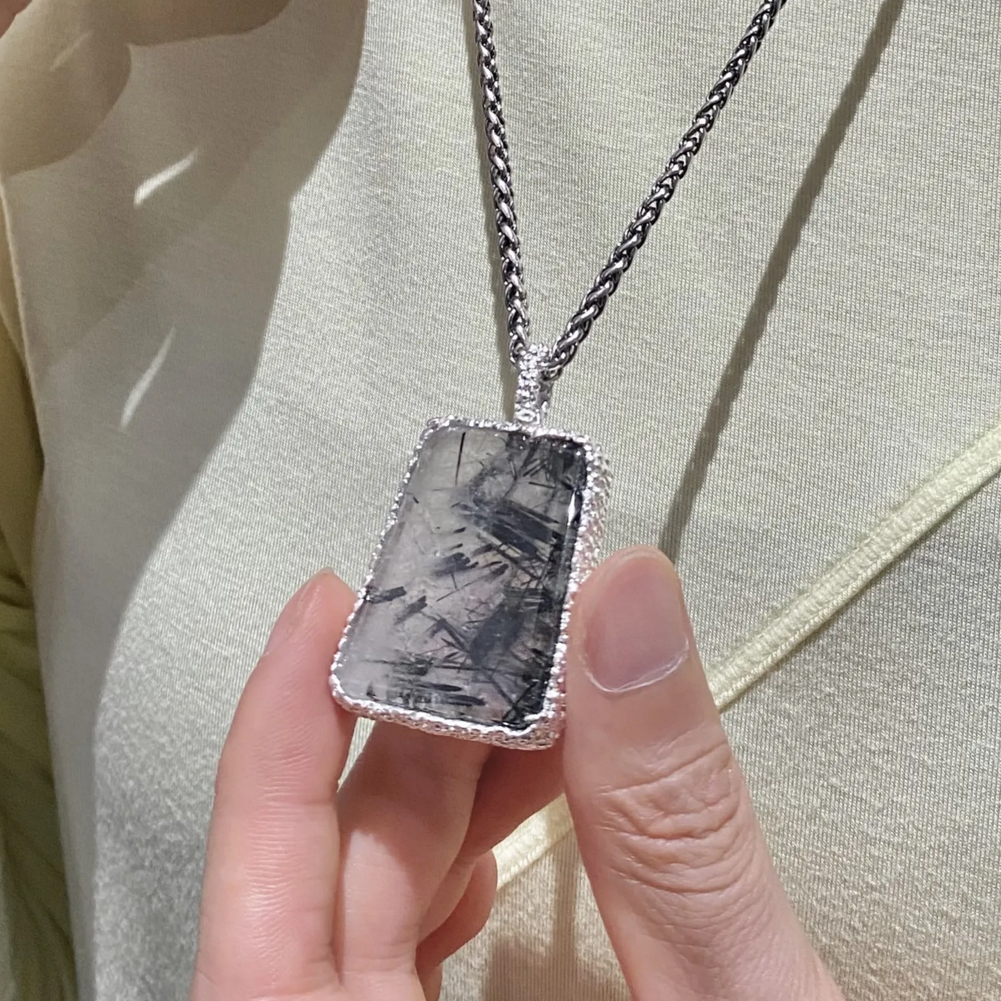 Natural Rutile Quartz Pendant | 925 Silver Tourmalinated Necklace | Raw Crystal Healing Jewelry Gift for Her or Him