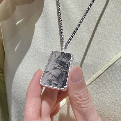 Natural Rutile Quartz Pendant | 925 Silver Tourmalinated Necklace | Raw Crystal Healing Jewelry Gift for Her or Him