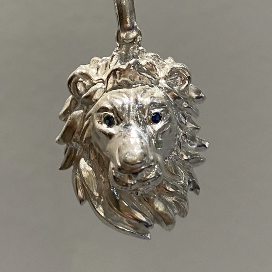 Lion King Pendant Necklace | 925 Silver & Sapphire | Handmade Courage Amulet Gift for Him